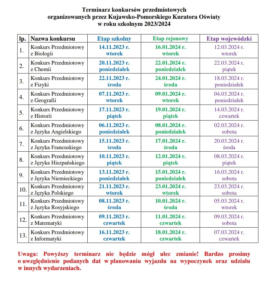 Terminy konkursów kuratoryjnych w roku szkolnym 2023/2024